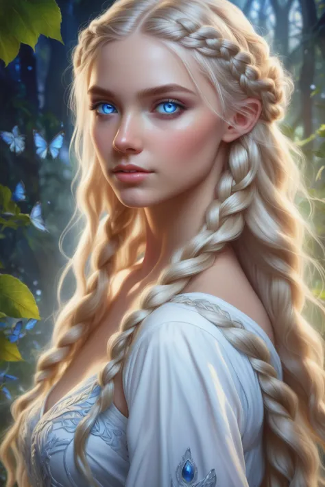 blonde woman with blue eyes and braided hair wearing a white dress., detailed matte fantasy portrait, beautiful fantasy portrait...