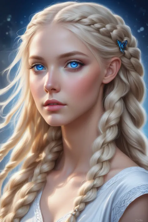 blonde woman with blue eyes and braided hair wearing a white dress., detailed matte fantasy portrait, beautiful fantasy portrait...