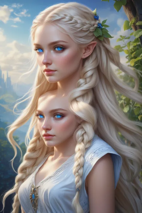 blonde woman with blue eyes and braided hair wearing a white dress., detailed matte fantasy portrait, beautiful fantasy portrait...