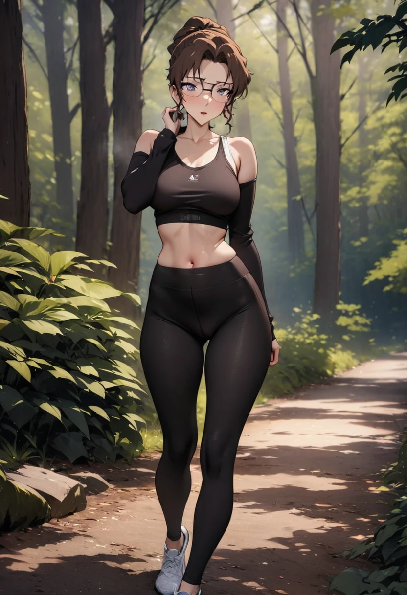 (Highest quality,High resolution,masterpiece:1.2),Outdoor,Hair tied up、Yoga pants,Beautiful woman,Modern,Natural scenery,Full Body Shot,Perfect figure,Forest Path,Brown Hair,Girl with glasses,A lustful look:1.1,nsfw:1.5、Long-sleeved tank top