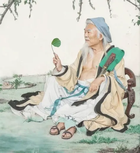 an old chinese man sitting on a grass field, daoist, taoist master,  wearing ancient chinese clothes, lotus pen in hand, a fan m...