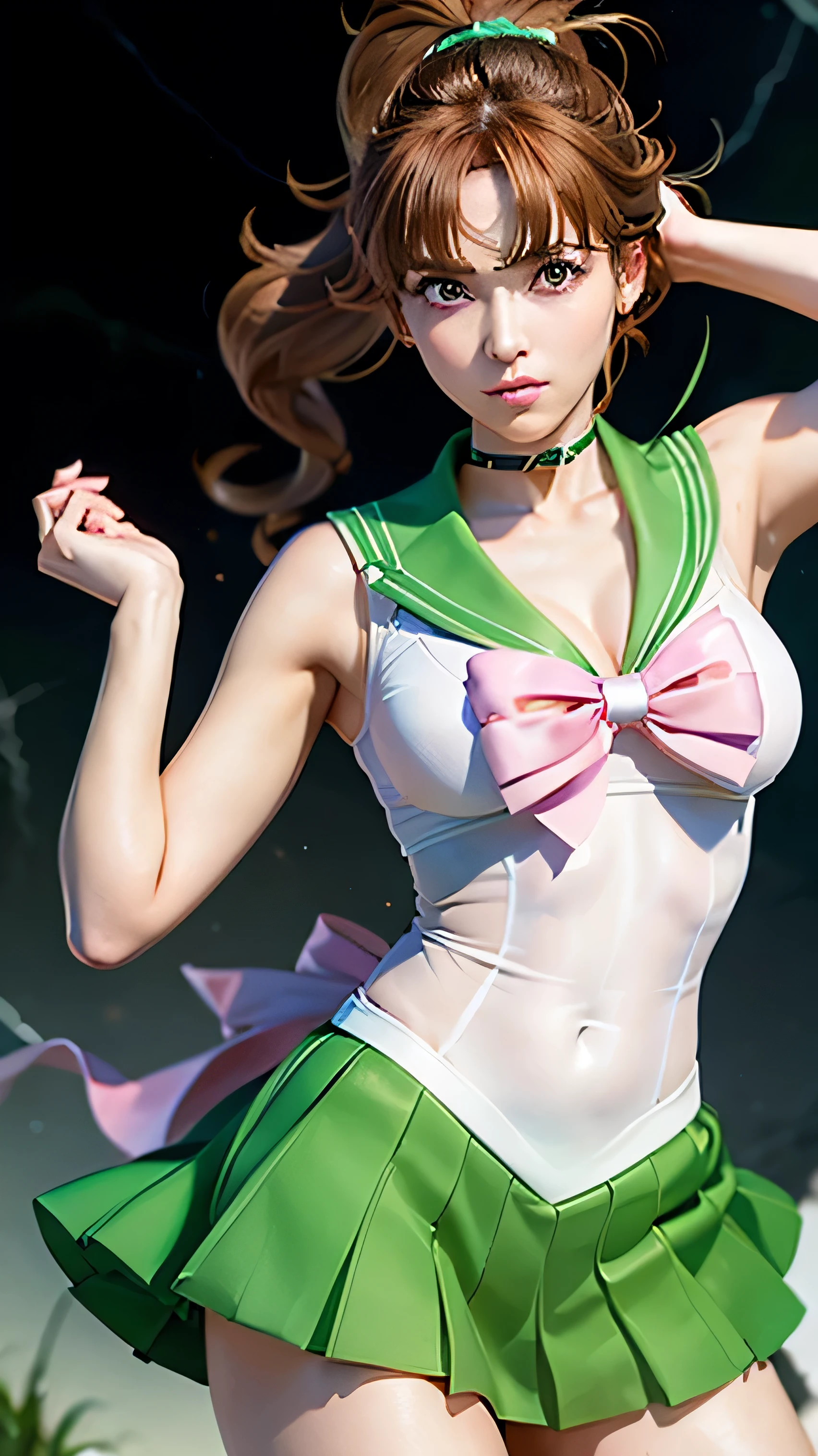 "Create an image of Makoto Kino as Sailor Jupiter from Sailor Moon. She should be depicted in her Sailor Jupiter uniform, which includes a white and green sailor suit with pink bows on her chest and at the back of her waist, and a short green skirt. Her long brown hair is tied up in a high ponytail with a green hair tie, and she has green eyes. Makoto should have a confident and strong expression, standing in a powerful pose with lightning crackling around her hands. The background should feature a stormy sky with flashes of lightning."