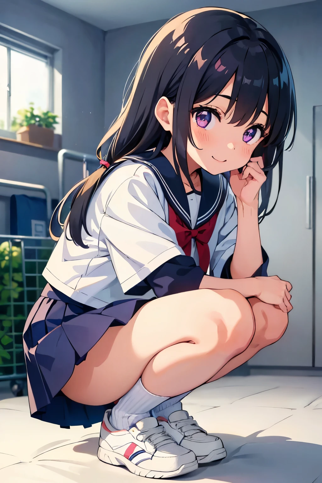 Elementary school girl, 8 years old, toddler　Flat chest, black hair, long hair, purple eyes 　smile　（One person） White upper body, short-sleeved sailor uniform　Navy blue mini skirt　White panties　（（I can see her panties））　White socks　sneakers　 School gym storehouse　Crouching with a basketball　 Dynamic Angle　Low - Angle