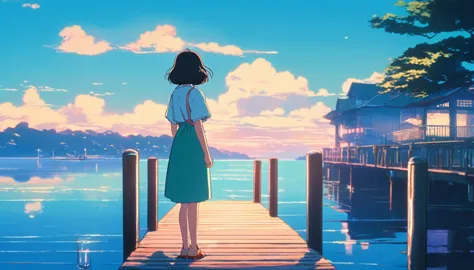 anime girl standing on a dock looking at the water, lofi girl, style in ghibli anime, retro anime girl, ilya kuvshinov landscape...