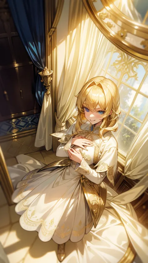 (masterpiece), (hd), pov, from above, blonde hair, (regal white and gold dress), intricately design, blue eyes, royal chamber, w...