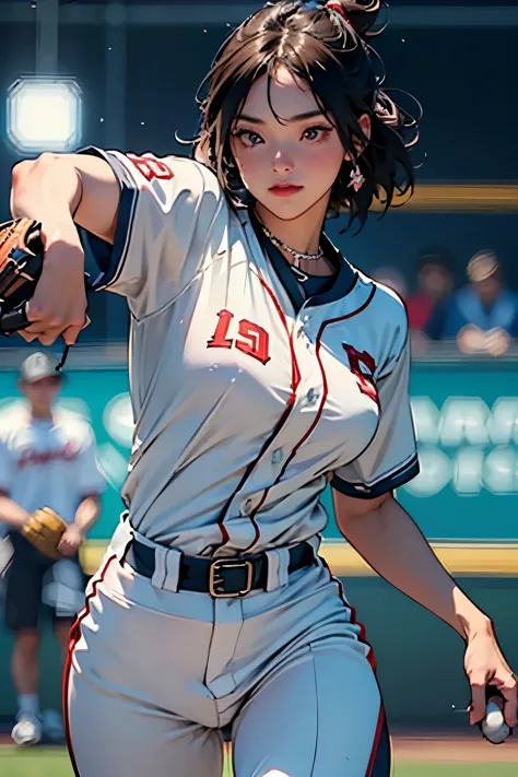 female baseball playeratch highlights、(a female baseball pitcher pitching underhand:1.4)、baseball gloves、baseball、dynamic、full b...