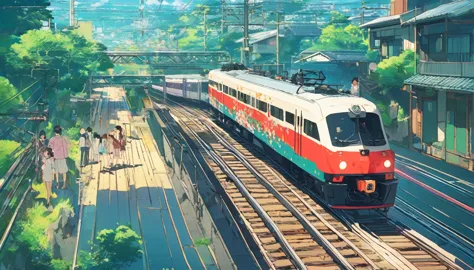 there is a train that is going down the tracks. illustration, cinematic, by Yanagawa Nobusada, safebooru anime image, album art,...