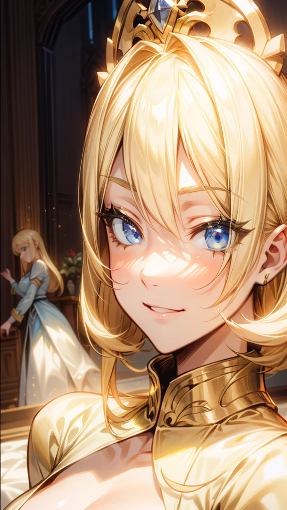 A regal blonde woman, clad in a white and yellow dress, stands in a royal chamber at night. Her blue eyes gleam mischievously as she smirks at her reflection in the ornate vanity, a play of light and shadow creating an air of mystery and intrigue.