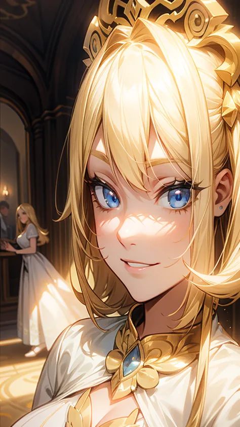 a regal blonde woman, clad in a white and yellow dress, stands in a royal chamber at night. her blue eyes gleam mischievously as...