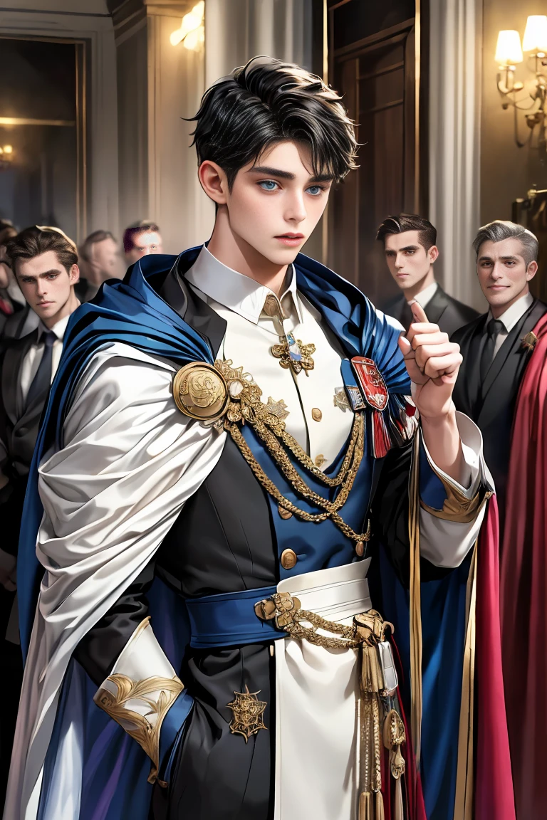 
masterpiece, 最high quality, high quality, 1 boy, alone, Male focus, Watching the audience,  Messy black hair, Adorable big blue eyes, White people, Noble, Noble,Sexy voluminous cape、vampire、A very voluminous, large, very large, very large, long, long red and black cape with a high stand-up collar, made of a lot of fabric that reaches down to the floor., 17 years old,Cute beautiful boys,Cute, cute, kind, handsome guy