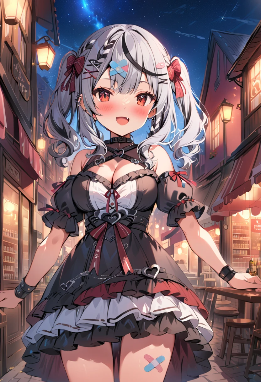 sakamata_jirai, red eyes, cleavage, multicolored hair, grey hair, streaked hair, bandaid, hair ornament, smile, black hair, clothing cutout, piercing, braid, fang, frills, cleavage cutout, :d, bow, ear piercing, band-aid hair ornament, PEAnimeBG, outdoor, scenery, background, anime, sky, night, stars,
masterpiece, high resolution, octance 4k, high detail,twin tail