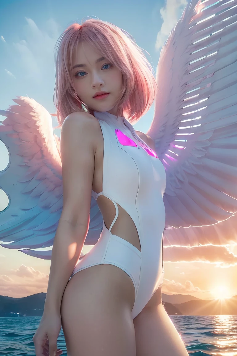 ((masterpiece, best quality, extremely detailed), volumetric lighting, ambient occlusion, colorful, glowing), 
1girl, solo, young girl, (pink hair), long hair, halo, aura, sacred, godness, swimmingsuit, (white outfit:1.3), android, bot, angel wings,
outdoors, sunset, sky, clouds, space, (cyberpunk theme:1.2),