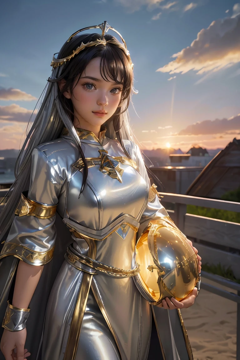 ((masterpiece, best quality, extremely detailed), volumetric lighting, ambient occlusion, colorful, glowing), 1girl, solo, young girl, (dark hair), long hair, halo, aura, sacred, goddess, cleric suit, (silver outfit with gold detailst:1.3), armor, outdoors, sunset, sky, clouds, space, (fantasy theme:1.2),