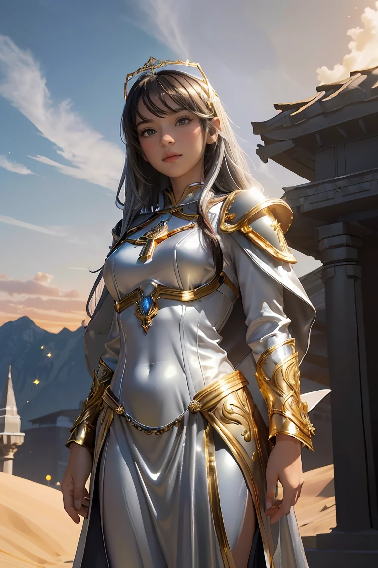 ((masterpiece, best quality, extremely detailed), volumetric lighting, ambient occlusion, colorful, glowing), 1girl, solo, young girl, (dark hair), long hair, halo, aura, sacred, goddess, cleric suit, (silver outfit with gold detailst:1.3), armor, outdoors, sunset, sky, clouds, space, (fantasy theme:1.2),