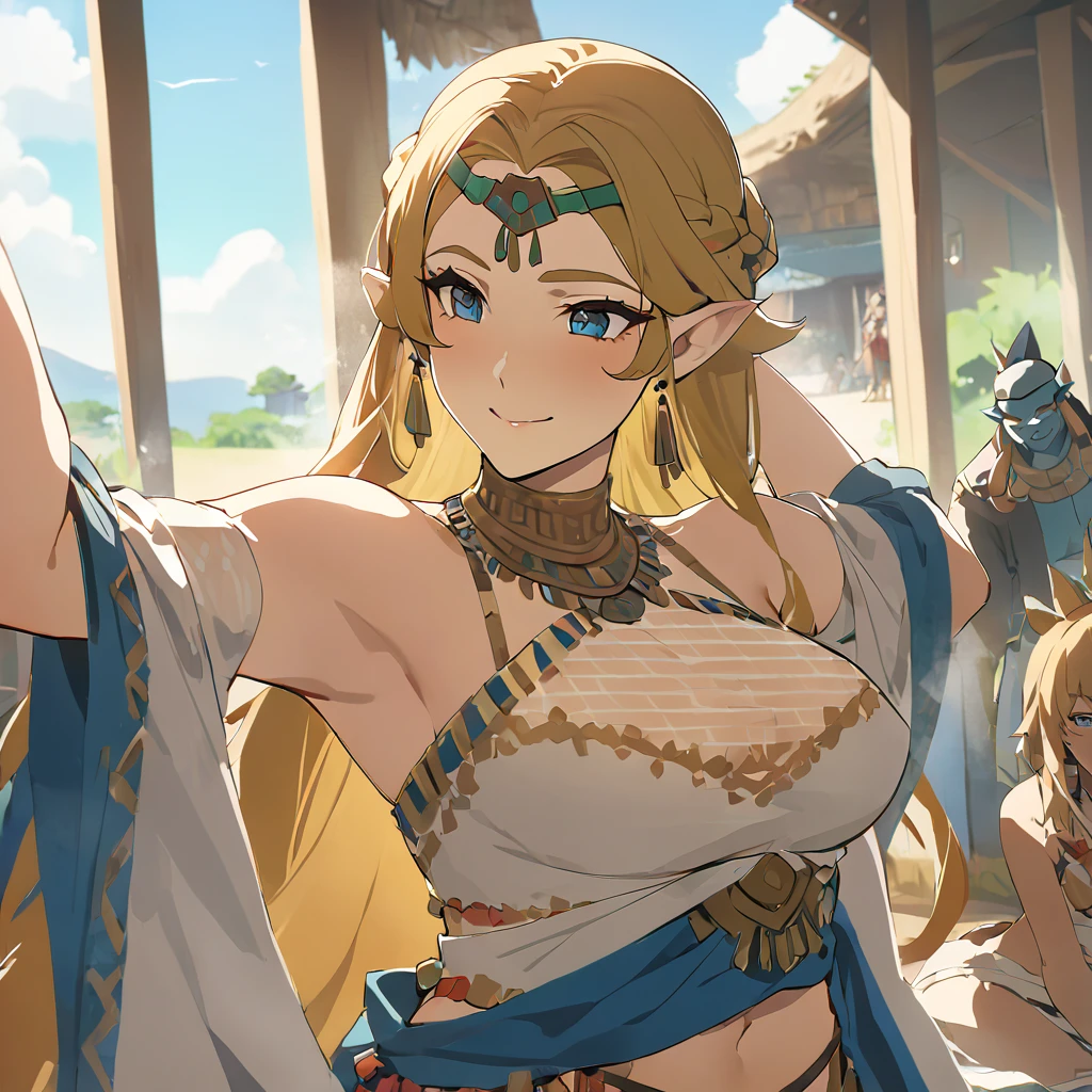 ((Highest quality)), ((masterpiece)), (detailed), （Perfect Face）、The woman is Queen Zelda of the Gerudo tribe, with blonde hair and blue eyes.、The woman is wearing the sexy, see-through traditional costume of the Gerudo tribe.、The woman happily devotes herself to serving her beloved King Ganondorf with all her heart and soul.