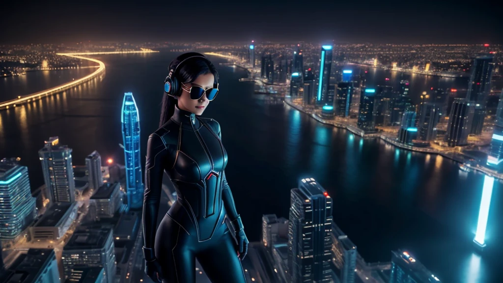 ((An aerial view of a futuristic megalopolis at dark night)), with skyscrapers reaching the clouds and flying cars driving through aerial highways. (1girl, solo, alone, photorealistic), medium-breast:1.1 slim body, cleavage, sexy clothes, (headphone, black sunglasses, medium black hair), (standing and holding pistol pose), (((half-body thigh level medium shot))), cinematic lighting, lens flare, ray tracing.