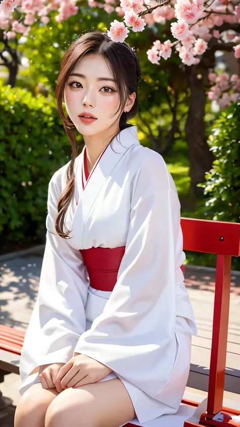 a 20-year-old woman wearing a light-colored kimono sitting elegantly on a bench in the city, classic japanese kimono style, insp...