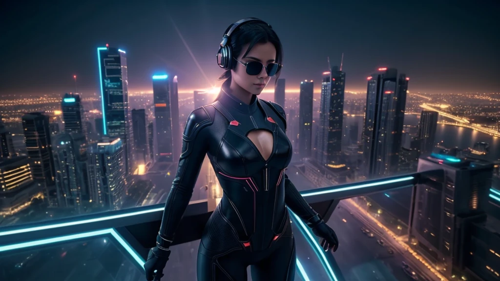 ((An aerial view of a futuristic megalopolis at dark night)), with skyscrapers reaching the clouds and flying cars driving through aerial highways. (1girl, solo, alone, photorealistic), medium-breast:1.1 slim body, cleavage, sexy clothes, (headphone, black sunglasses, medium black hair), (standing and holding pistol pose), (((half-body thigh level medium shot))), cinematic lighting, lens flare, ray tracing.