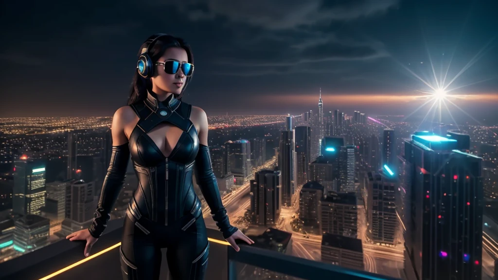 ((An aerial view of a futuristic megalopolis at dark night)), with skyscrapers reaching the clouds and flying cars driving through aerial highways. (1girl, solo, alone, photorealistic), medium-breast:1.1 slim body, cleavage, sexy clothes, (headphone, black sunglasses, medium black hair), (standing and holding pistol pose), (((half-body thigh level medium shot))), cinematic lighting, lens flare, ray tracing.