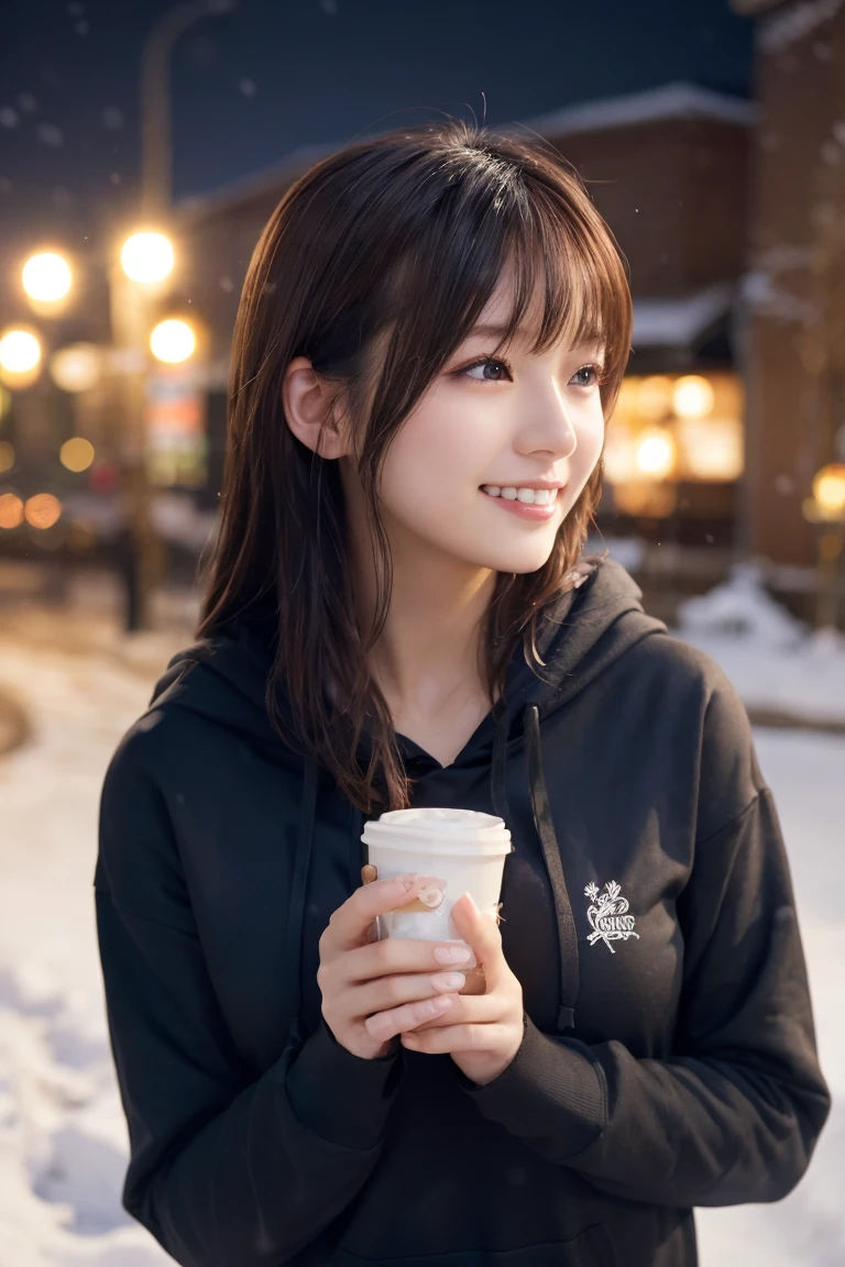 1 Girl, (Wear a black hoodie:1.2), (RAW Photos, highest qualthaty), (Realistic, Realistic:1.4), Tabletop, Very delicate and beautiful, Very detailed, 2k wallpaper, wonderful, finely, Very detailed CG Unthaty 8K 壁紙, Very detailed, High resolution, Soft Light, Beautiful detailed girl, Very detailed目と顔, Beautiful and sophisticated nose, finelyて美しい目, Cinema Lighting, Illuminations that light up the cthaty on a snowy night, Snow Scene, that&#39;that&#39;that&#39;it&#39;s snowing, Snow fell in my hair, Perfect Anatomy, Slender body, Was nervous, 
Straight semi-long hair, bangs, Looking at the audience, smile、Fluffy scarf