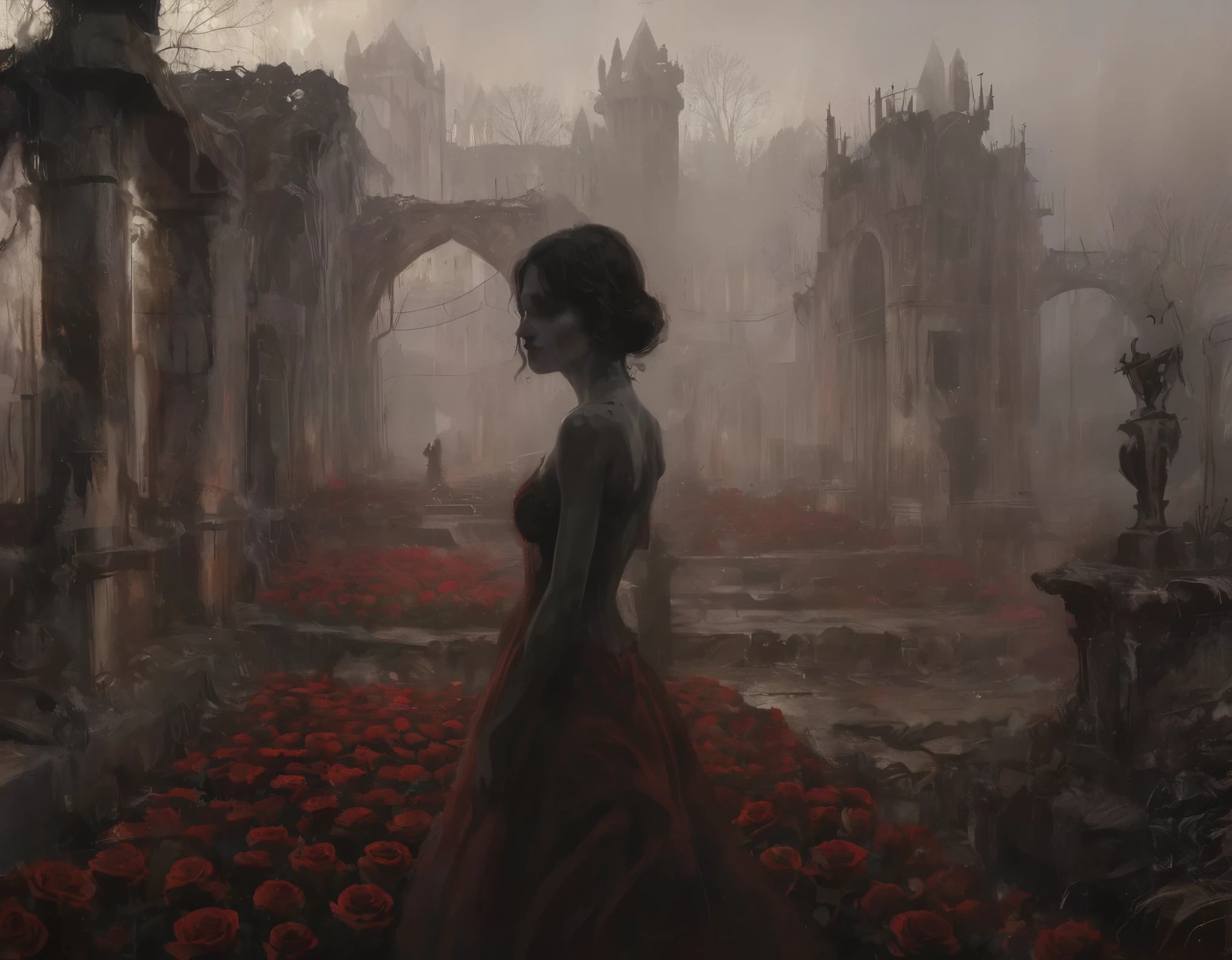 score_9, score_8_up, score_7_up, score_6_up, source artstation, 1 Girl, (silhouette:1.3), blackwork, mysterious, uncertain, fascinating, Red roses, Ruin, abstract, ambient lighting, (blurred background, blurred foreground, Depth of field:1.3), Swirling fog, grey mist, traditional texture, dripping masterpiece, best quality, very aesthetic, absurdres,
