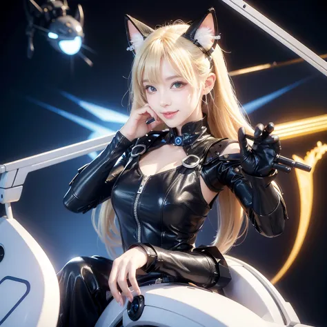 smile、Cat ear、Blonde、Futuristic、Cyber Sense、Fingers in a good pose、Real、フォトReal、High resolution、Robot cockpit。