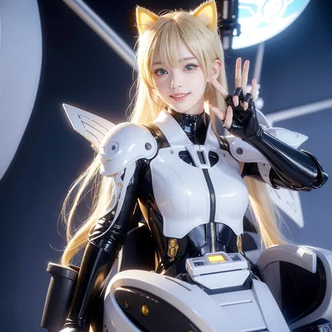 smile、cat ear、blonde、futuristic、cyber sense、fingers in a good pose、real、フォトreal、high resolution、robot cockpit。