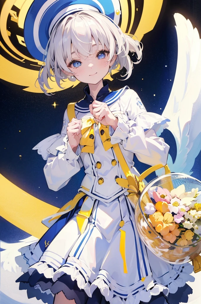 (Highest quality)　(4K)　(8K)　(High resolution)　(masterpiece:1.2)　(Super detailed)　One girl　smile　short hair　witch　The right eye is blue and the left eye is yellow　Long sleeve　Golden decoration　White Background　Hair between the eyes　Closed Mouth　Blue fur　Wavy Hair　Upper Body　White Hair　 Blue hat