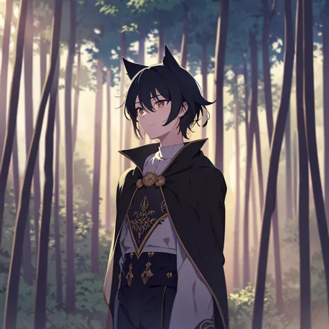 Boy with golden eyes, Wearing a long shirt and pants, Short black hair with cat ears, Wearing a long cape, (Highest quality, 4K,...