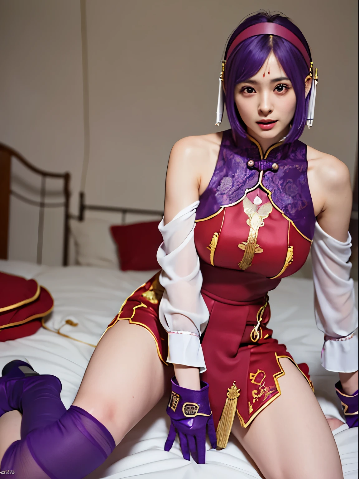 (masterpiece, best quality:1.4), (full body), (wide shot), 1girl, solo, stunning girlfriend, (sitting:1), 1girl, solo, purple hair, athenams, hairband, chinese clothes, red dress, gloves, hair ornament , bare shoulders, heart shaped face, elegant face, beautiful face, highly detailed face, highly detailed skin, skin pores, subsurface scattering, realistic pupils, medium breast, erotic smile, detailed background, depth of field, volumetric lighting, sharp focus, absurdres, realistic proportions, good anatomy, (realistic, hyperrealistic:1.4), 16k hdr,