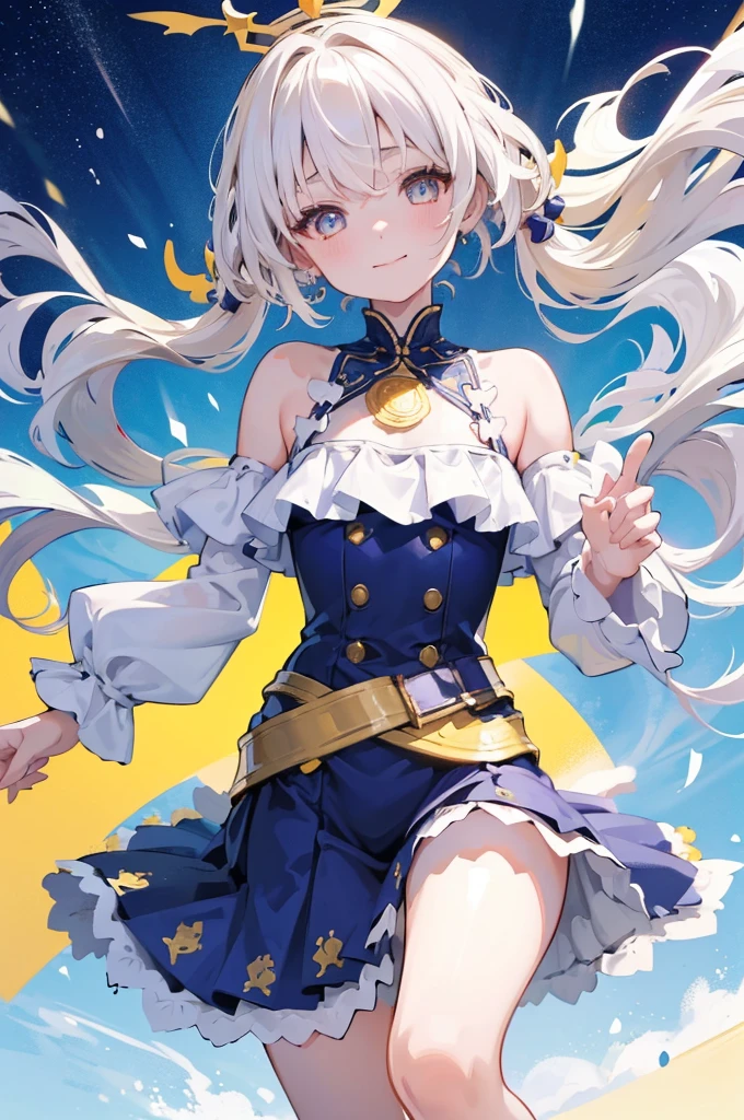 (Highest quality)　(4K)　(8K)　(High resolution)　(masterpiece:1.2)　(Super detailed)　One girl　smile　short hair　witch　The right eye is blue and the left eye is yellow　Long sleeve　Golden decoration　White Background　Hair between the eyes　Closed Mouth　Blue fur　Wavy Hair　Upper Body　White Hair　 crown