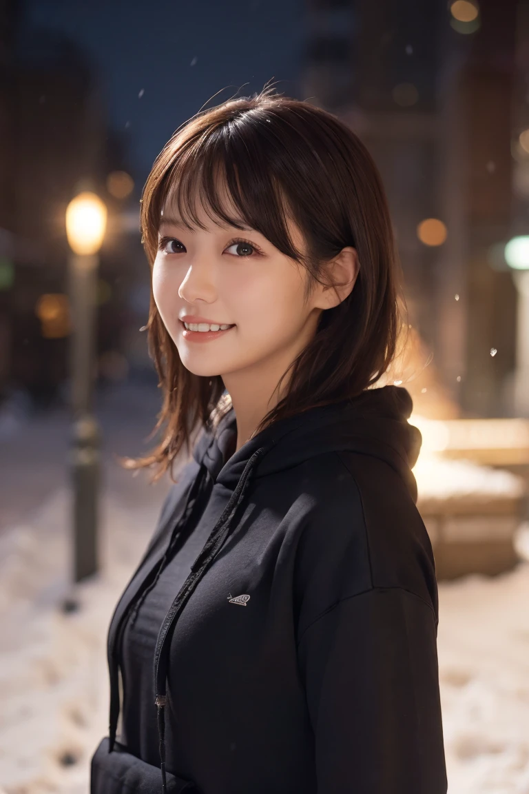 1 Girl, (Wear a black hoodie:1.2), (RAW Photos, highest qualthaty), (Realistic, Realistic:1.4), Tabletop, Very delicate and beautiful, Very detailed, 2k wallpaper, wonderful, finely, Very detailed CG Unthaty 8K 壁紙, Very detailed, High resolution, Soft Light, Beautiful detailed girl, Very detailed目と顔, Beautiful and sophisticated nose, finelyて美しい目, Cinema Lighting, Illuminations that light up the cthaty on a snowy night, Snow Scene, that&#39;that&#39;that&#39;it&#39;s snowing, Snow fell in my hair, Perfect Anatomy, Slender body, Was nervous, 
Straight semi-long hair, bangs, Looking at the audience, smile、Fluffy scarf