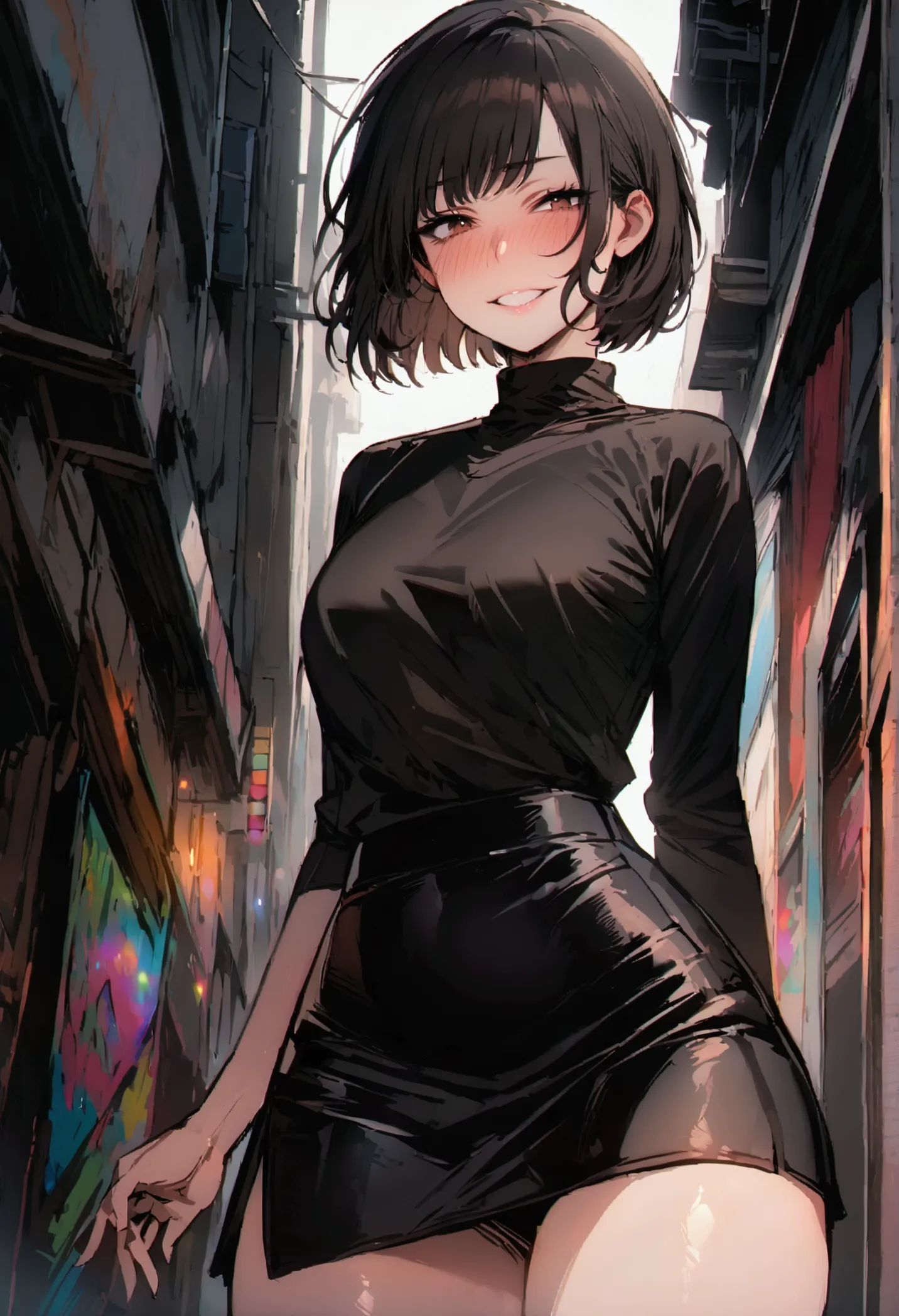 masterpiece, best quality 1girl, solo, beautiful woman, bangs, black hair, short hair, bob cut, dark brown eyes, deep blush, gri...