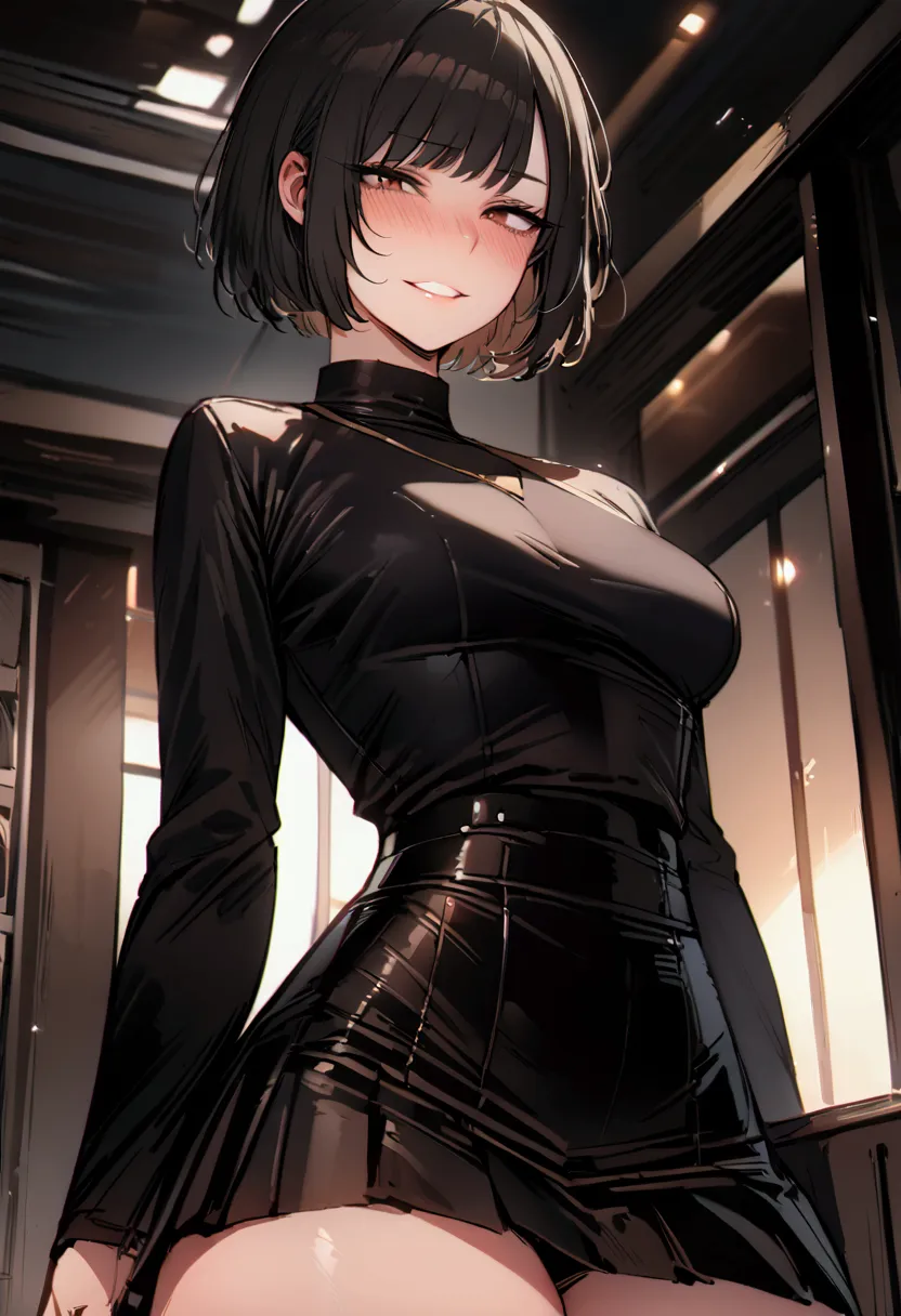 masterpiece, best quality 1girl, solo, beautiful woman, bangs, black hair, short hair, bob cut, dark brown eyes, deep blush, gri...