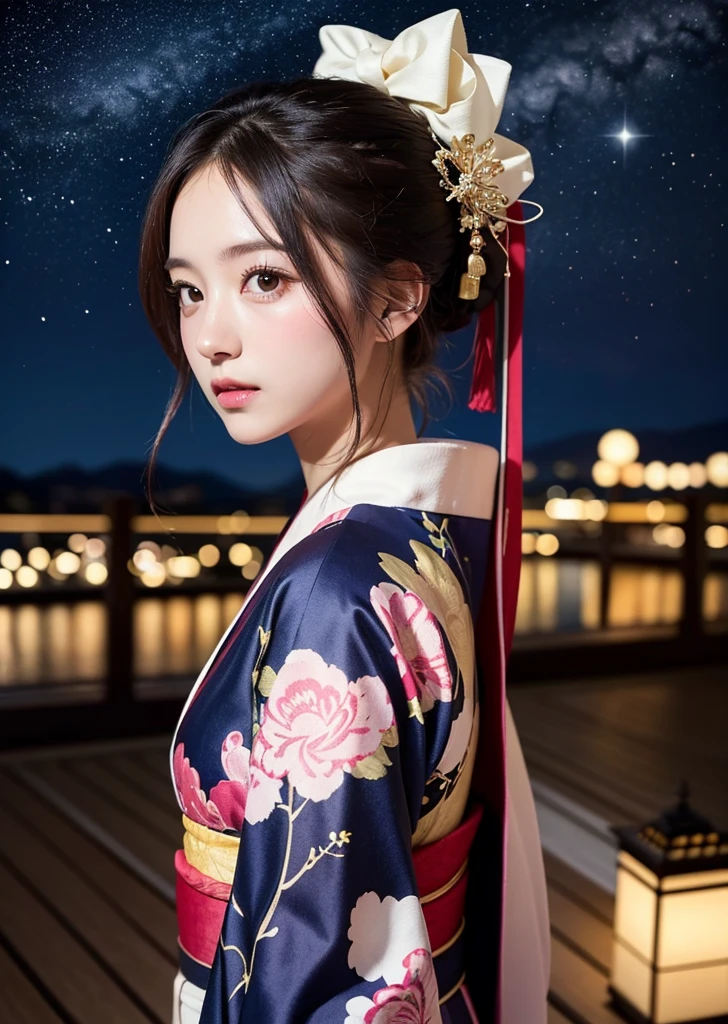 (masterpiece, Highest quality, Highest quality, Official Art, beautifully、beautiful:1.2), (1 Beautiful Girl),Japanese Girls、kimono、Brightly patterned clothing、Updo、hair ornaments、She looked down a little shyly.、Side Shot、Koume-chan、Shining constellations, Late night with starry skies、Background with spatial details、Photorealistic、Cinematic lighting