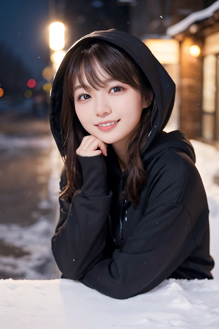 1 girl, (Wear a black hoodie:1.2), (original photo, highest qualThaty), (Practical, Practical:1.4), On the table, Very refined, Very detailed, 2k wallpapers, wonderful, Finely, Very detailed CG UnThaty 8K 壁紙, Very detailed, high resolution, Soft Light, Beautiful and delicate girl, Very detailed目と顔, Beautiful and delicate nose, Finelyて美しい目, Cinema Lighting, Illuminations That light up the cThaty on a snowy night, Snow Scene, That&#39;That&#39;That&#39;it&#39;Snowing, Snowflakes fall on my hair, Perfect anatomical structure, slim body, Very nervous, 
Straight half-length hair, Bangs, Looking at the audience, Smile、Plush scarf