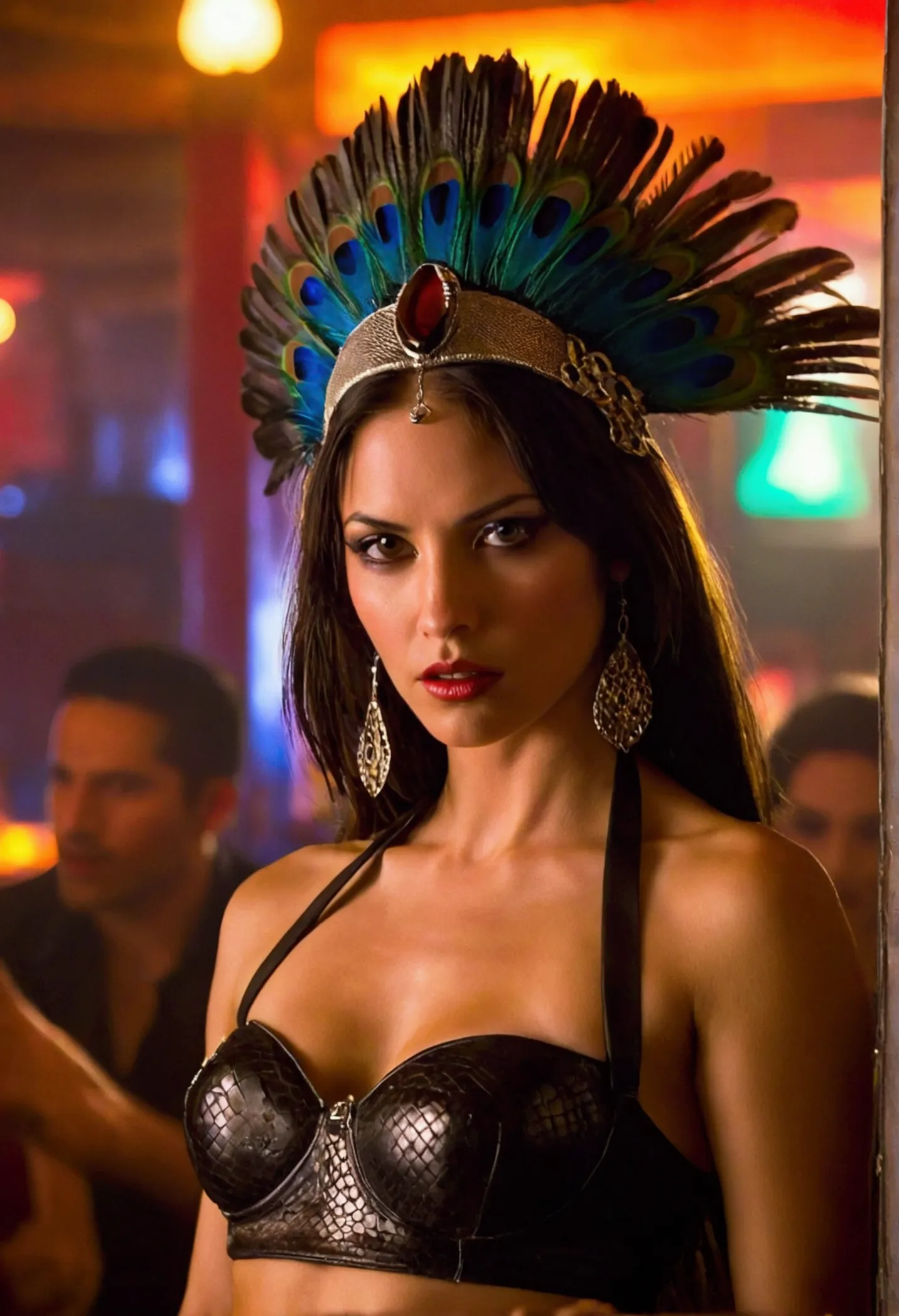 "vibrant and intense scene from the film "from dusk till dawn" featuring santanico pandemonium's seductive dance in a biker bar....