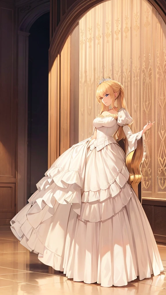 ((fullbody)) A regal blonde woman, clad in a white and yellow dress, stands in a royal chamber at night. Her blue eyes gleam mischievously as she smirks at her reflection in the ornate vanity, a play of light and shadow creating an air of mystery and intrigue.