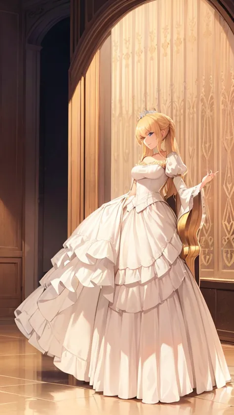 ((fullbody)) A regal blonde woman, clad in a white and yellow dress, stands in a royal chamber at night. Her blue eyes gleam mis...