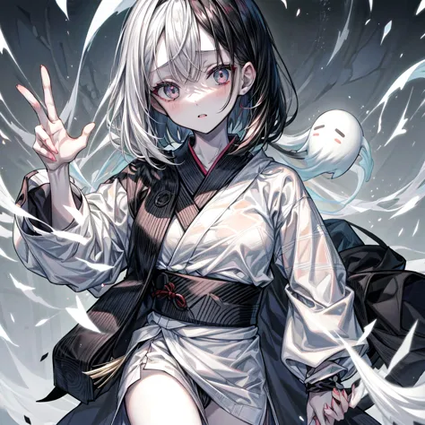 1 girl,ghostの少女,black hair,white mesh,masutepiece:1.2,medium long,２one,center parted bangs,black eye,droopy eyes,white yukata,fu...