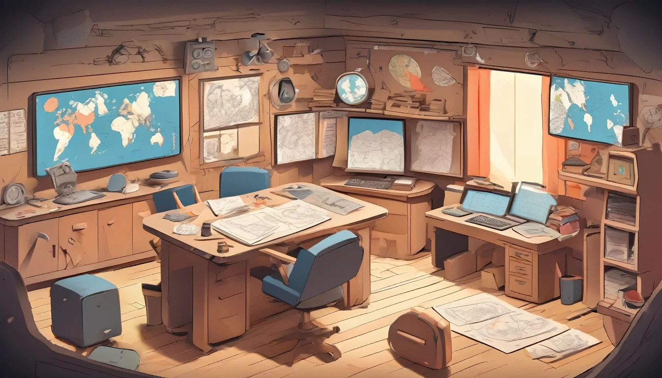 Cartoon style, drawing with black lines and colored, command center, a war room in 1950.