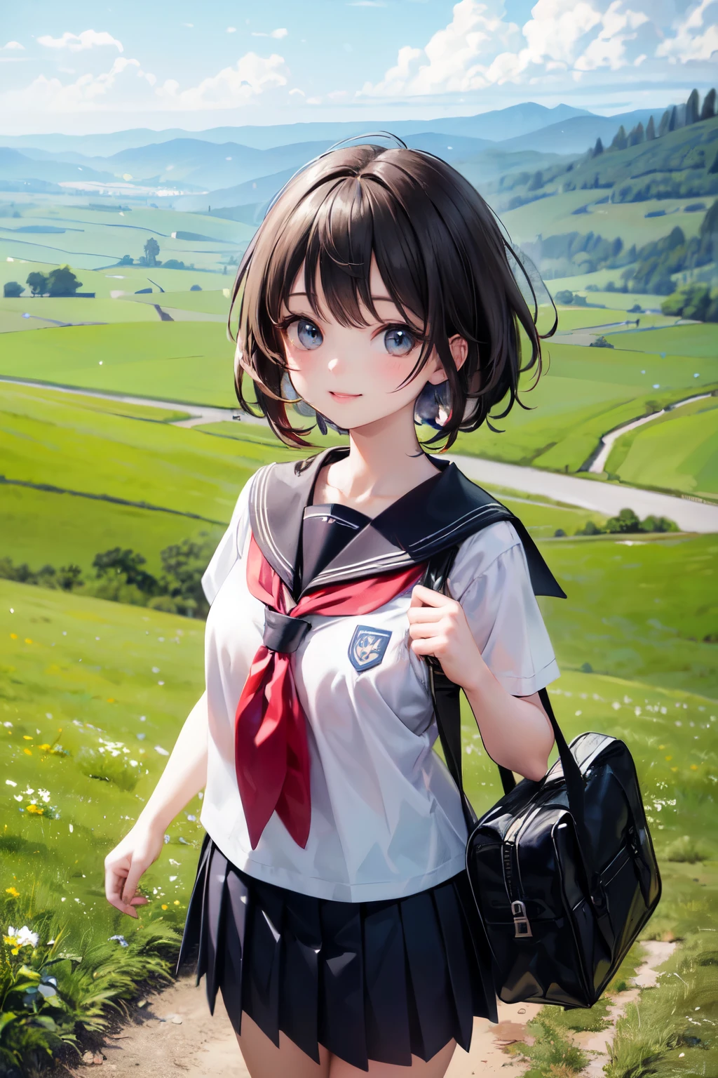 very cute and beautiful girl,(highly detailed beautiful face and eyes),(smile),happy,looking at viewer,
black hair,serafuku,short sleeve,(pleated navyblue mini skirt),standing,holding school bag,
countryside,hilltop,grassland,flowers,distant ocean background,
(best quality,masterpiece),absurdres,highres,ultra-detailed,extremely detailed,32k,8k resolution,
intricate details,cinematic scene,detailed background,solo,dynamic angle,(realistic,photorealistic),