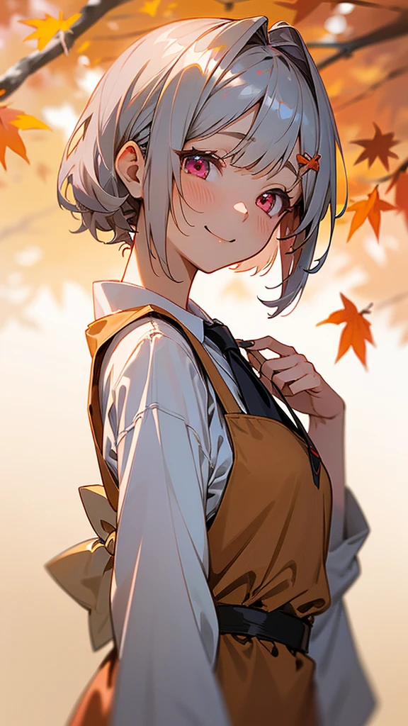 1 Girl、Anime style painting、Upper body close-up、From the side、Wicked Smile、Brown apron、Silver and bob short hairstyle、Tie your hair up with a hair clip、Pink Eyes、Perfect lighting、Autumnal leaves々、Momiji Park、Background Blur, Written boundary depth