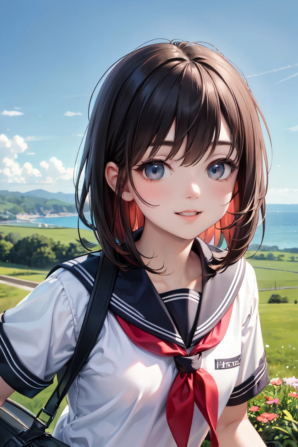 very cute and beautiful girl,(highly detailed beautiful face and eyes),(smile),happy,looking at viewer,
black hair,serafuku,short sleeve,(pleated navyblue mini skirt),standing,holding school bag,
countryside,hilltop,grassland,flowers,distant ocean background,
(best quality,masterpiece),absurdres,highres,ultra-detailed,extremely detailed,32k,8k resolution,
intricate details,cinematic scene,detailed background,solo,dynamic angle,(realistic,photorealistic),