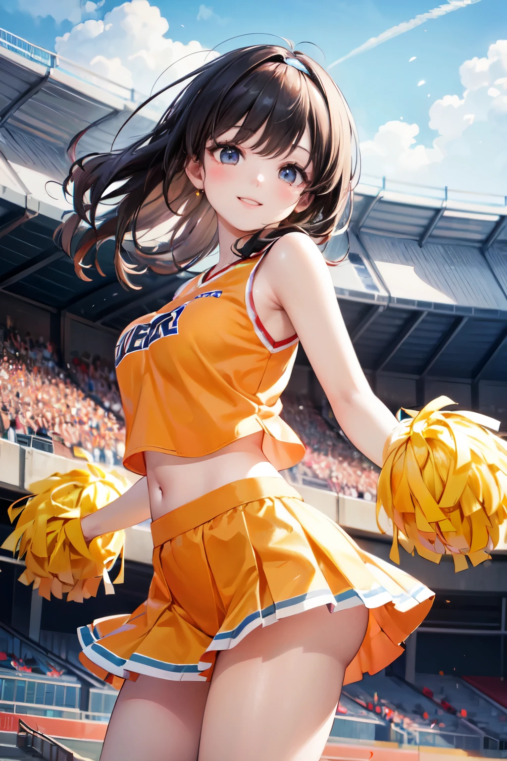 very cute and beautiful cheerleader girl,(highly detailed beautiful face),(holding pom poms:1.1),(smile:1.3),happy,
(stadium stands),cowboy shot,dynamic pose,(from below),(sleeveless orange cheerleader shirt),beautiful legs,
looking at viewer,black hair,hair band,
(best quality,masterpiece),absurdres,highres,ultra-detailed,extremely detailed,32k,8k resolution,
intricate details,cinematic scene,detailed background,solo,dynamic angle, hair fluttering in the wind,beautiful detailed sky,(realistic,photorealistic),