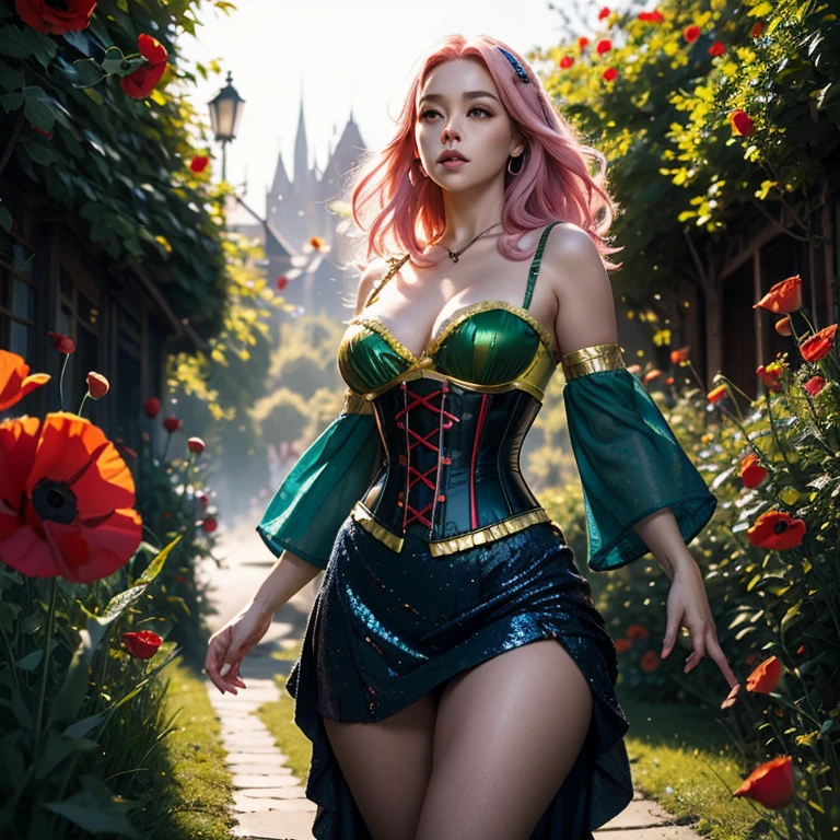 Hyper-realistic digital art, young woman with pink hair on Yellow Brick Road, low angle view. Reimagined Oz-style dress: blue corset bodice, low-cut neckline, mini skirt in sheer layers, ruby-red sequined hem. Curve-hugging silhouette, gauzy sleeves. Giant red poppies and yellow flowers frame scene. Winding Yellow Brick Road overhead, distant Emerald City. Golden magical lighting. 8k resolution, vivid colors, highly detailed. Style of Artgerm, Ross Tran, and Alphonse Mucha.