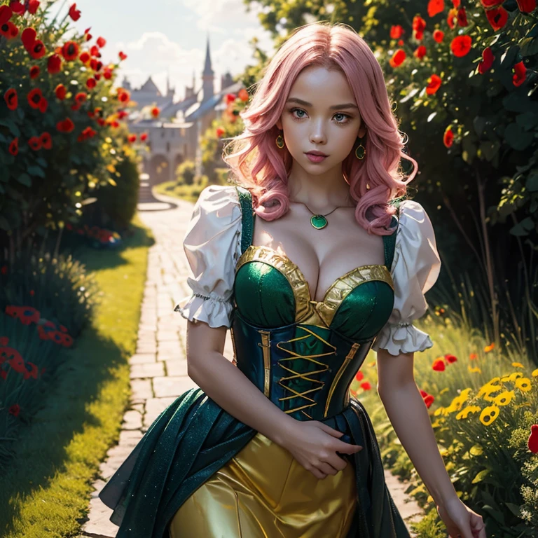 Hyper-realistic digital art, young woman with pink hair on Yellow Brick Road, low angle view. Reimagined Oz-style dress: blue corset bodice, low-cut neckline, mini skirt in sheer layers, ruby-red sequined hem. Curve-hugging silhouette, gauzy sleeves. Giant red poppies and yellow flowers frame scene. Winding Yellow Brick Road overhead, distant Emerald City. Golden magical lighting. 8k resolution, vivid colors, highly detailed. Style of Wizard of Oz movie.