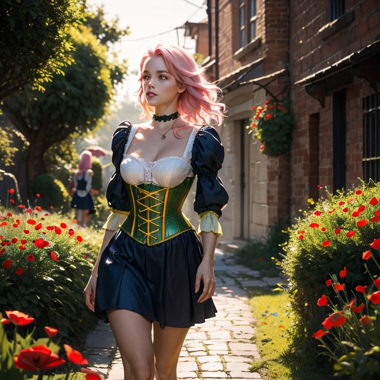 Hyper-realistic digital art, young woman with pink hair on Yellow Brick Road, low angle view. Reimagined Oz-style dress: blue corset bodice, low-cut neckline, mini skirt in sheer layers, ruby-red sequined hem. Curve-hugging silhouette, gauzy sleeves. Giant red poppies and yellow flowers frame scene. Winding Yellow Brick Road overhead, distant Emerald City. Golden magical lighting. 8k resolution, vivid colors, highly detailed. Style of Wizard of Oz movie.