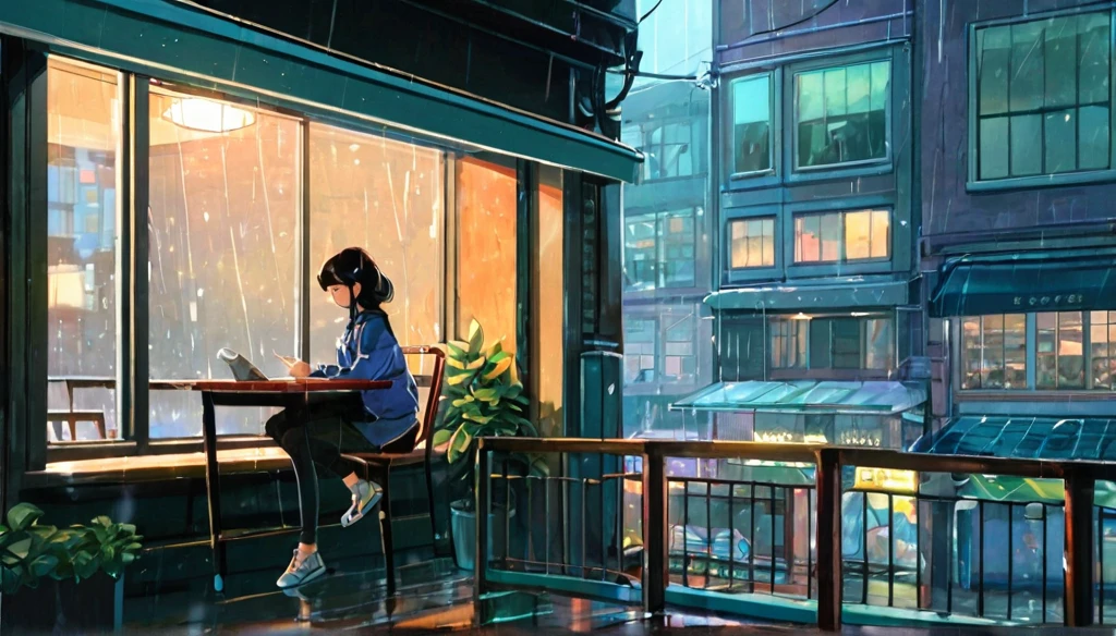 An illustration of a girl studying in an anime-style urban cafe. She sits by the window, concentrating on reading a book while feeling the hustle and bustle of the city outside. Her expression is focused, but also reflects a certain loneliness. The interior of the cafe is cozy, with a coffee cup and a book on the table. Outside the window, it is raining. You can see the city lights and distant buildings. This scene expresses the diverse emotions and tranquility of city life.