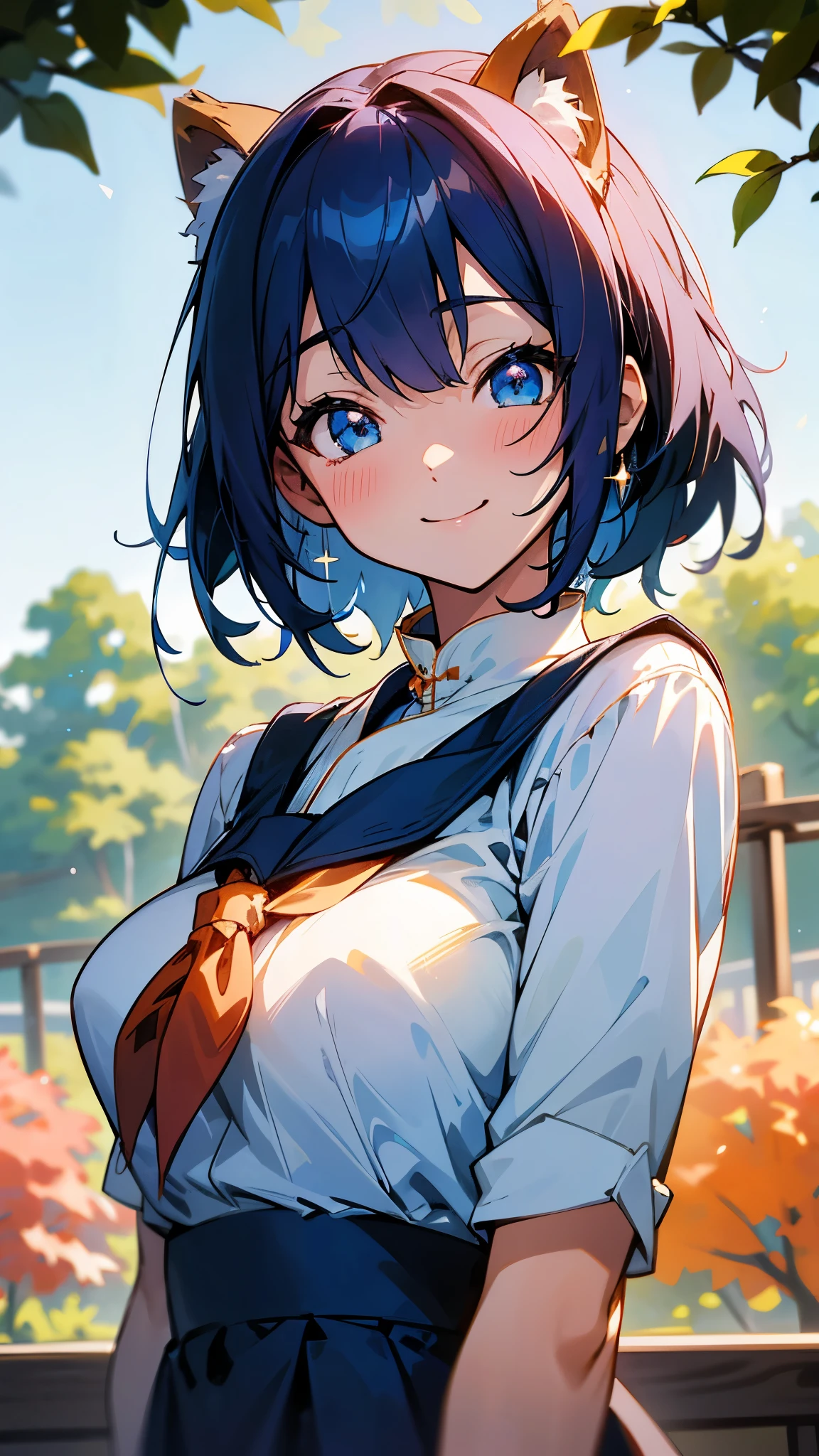 1 Girl、Anime style painting、Upper body close-up、邪悪なsmile、Dark blue hair、Sparkling blue eyes、smile、White shirt、Light blue apron、Perfect lighting、Autumnal leaves々、Momiji Park、Background Blur, Written boundary depth